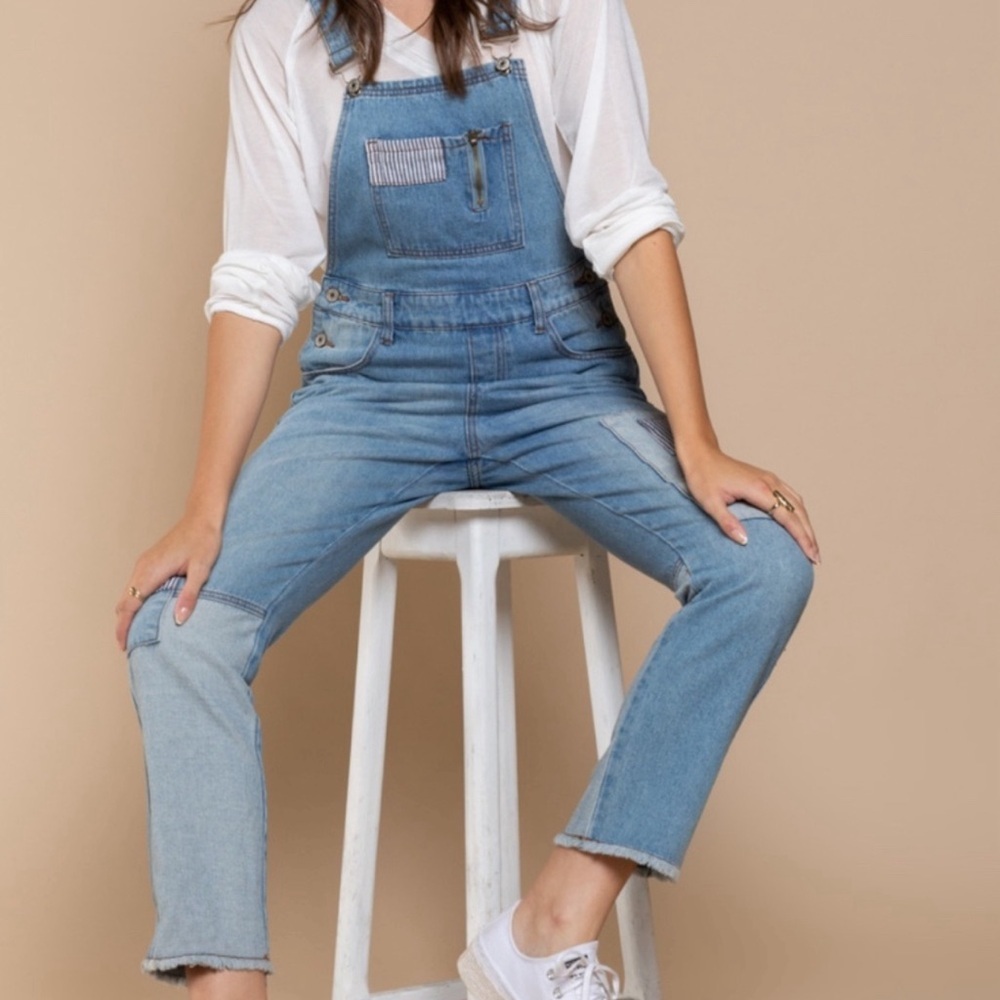 POL Slim Leg Denim Overalls With Patchwork Raw Hem 100% Cotton Size MEDIUM NEW - Picture 6 of 14